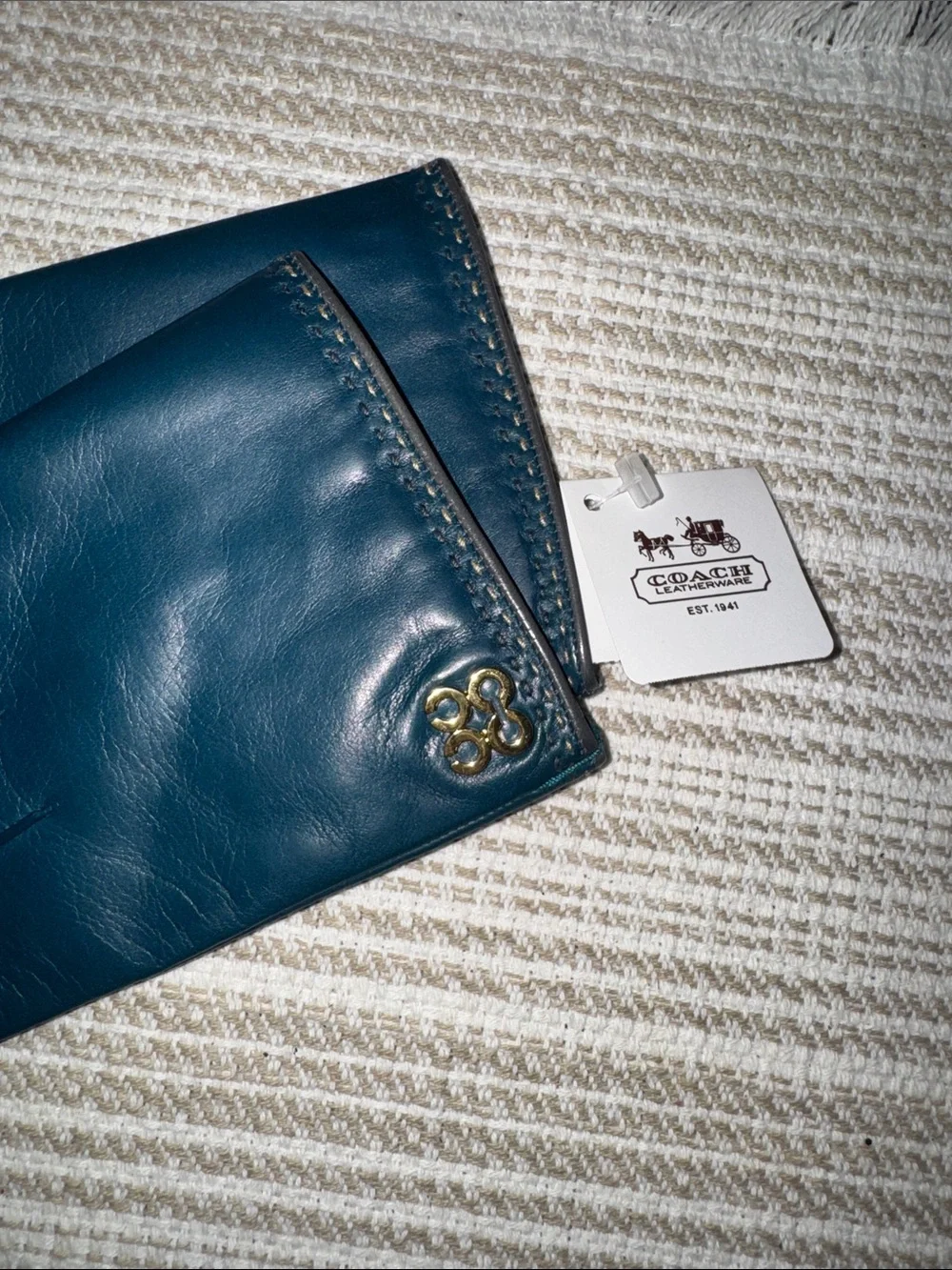 Coach Petrol Leather Cashmere Lined Gloves NWT